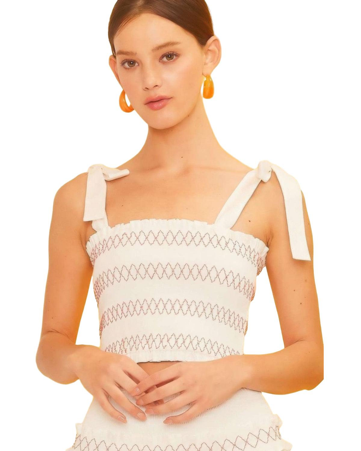 Trendmelo Women's Sleeveless Cotton Blend Crop Top with Self Tie Shoulder Smocking Ruffle in Off White