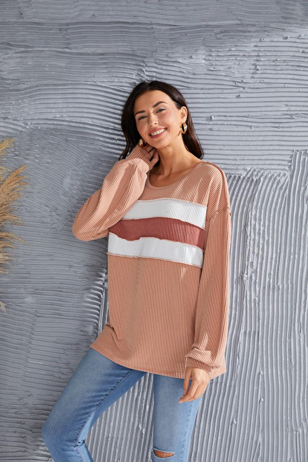 Ribbed Color Block Exposed Seam Round Neck Blouse