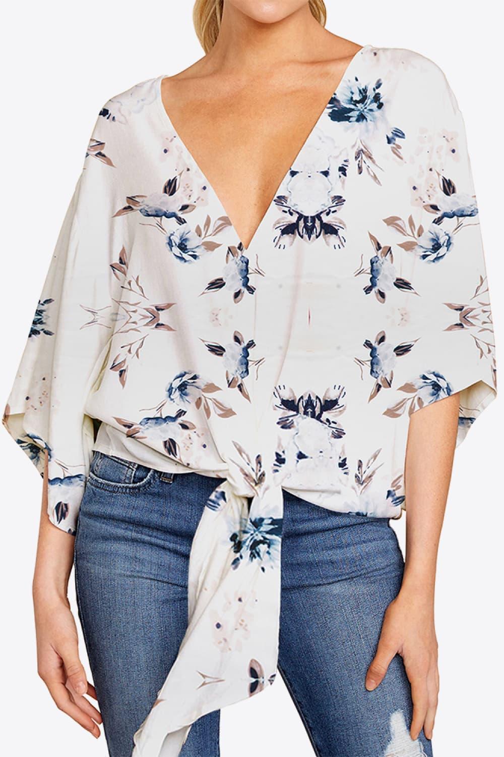 Printed Deep V Tie Hem Blouse