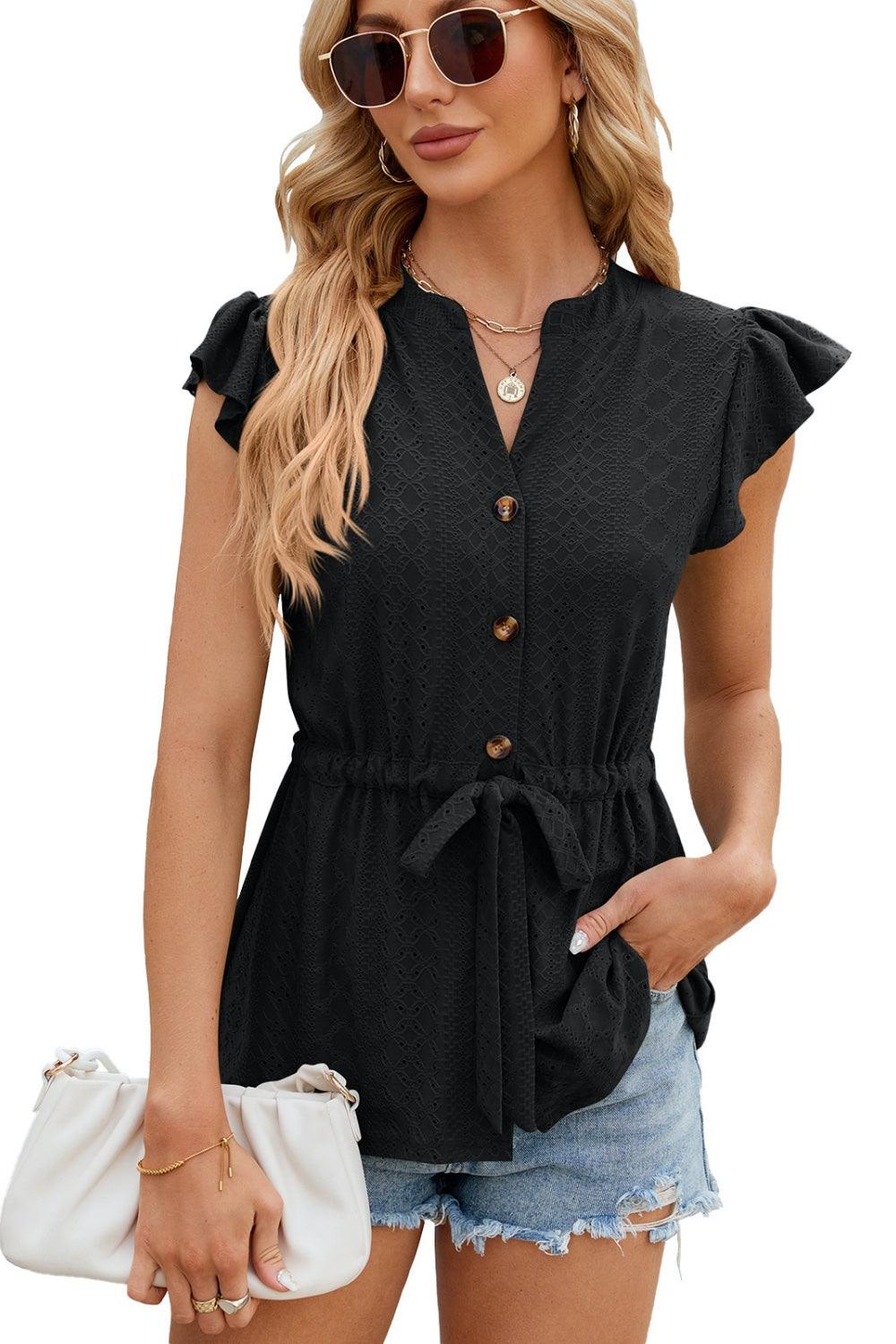 Trendmelo Women's Flutter Sleeve Eyelet Button-Down Blouse - Casual Summer Top with Waist Tie