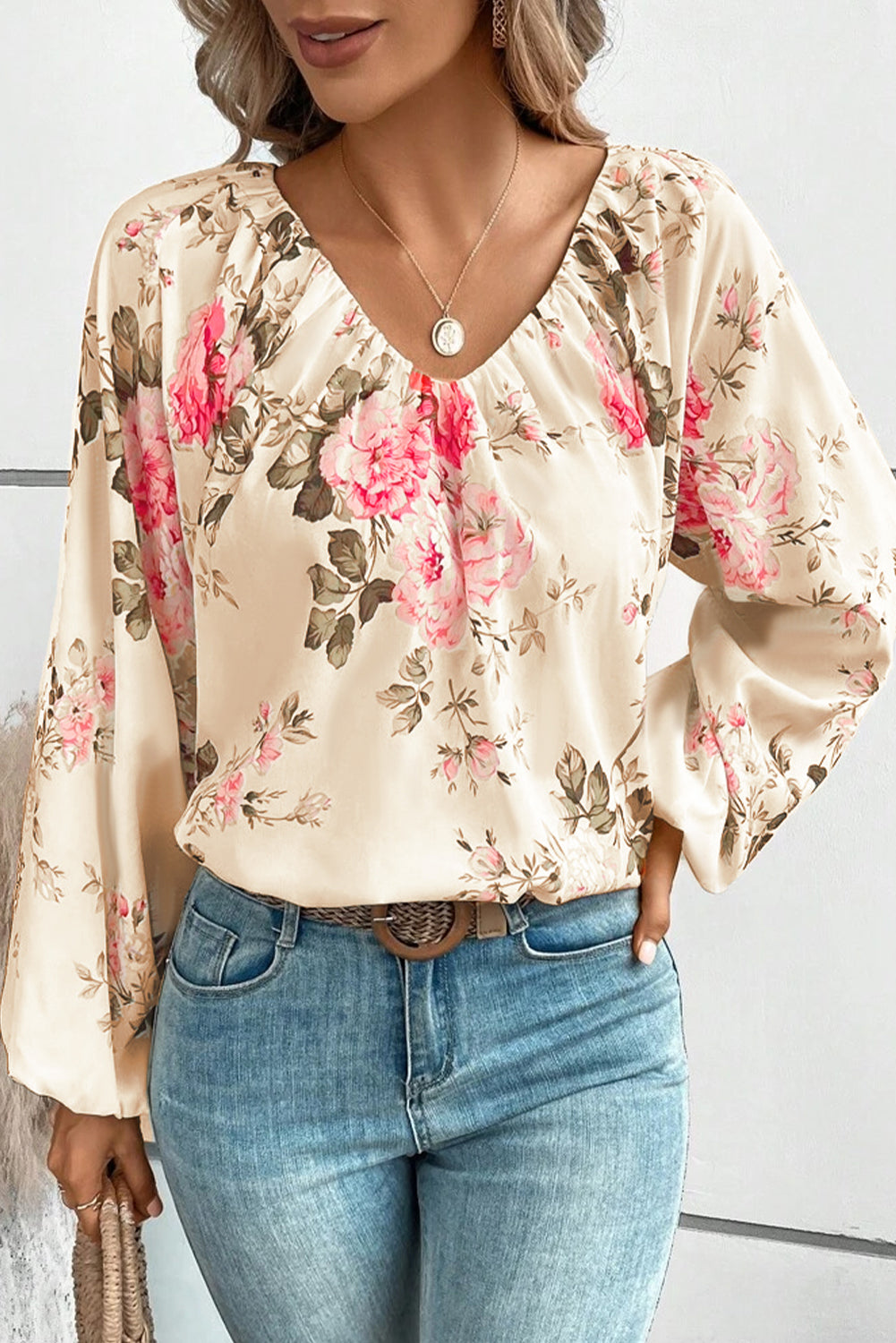 Floral V-Neck Balloon Sleeve Blouse