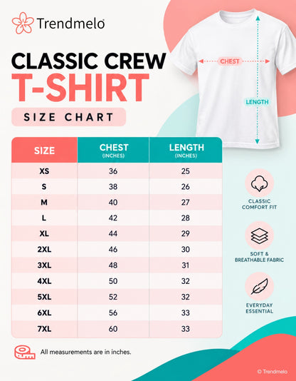 A size chart graphic for the Trendmelo Classic Crew T-Shirt, showing a size table from XS to 7XL with chest and length measurements in inches, alongside a white T-shirt illustration with measurement arrows and feature icons.