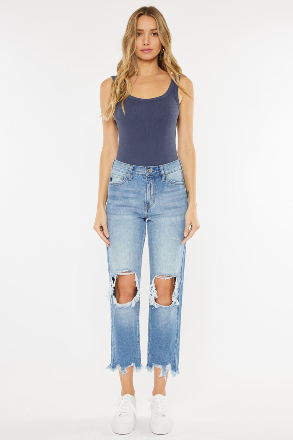 Kancan High Waist Chewed Up Straight Mom Jeans - TRENDMELO