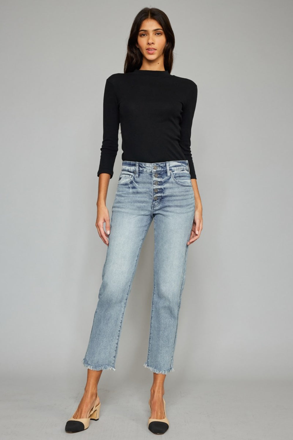 Kancan High Waist Button Fly Raw Hem Cropped Straight Jeans - TRENDMELO