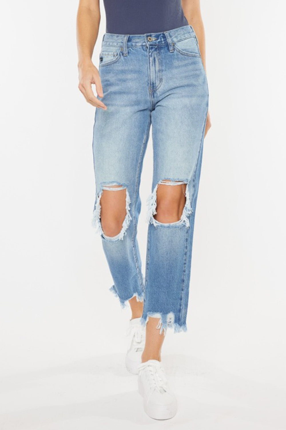 Kancan High Waist Chewed Up Straight Mom Jeans - TRENDMELO