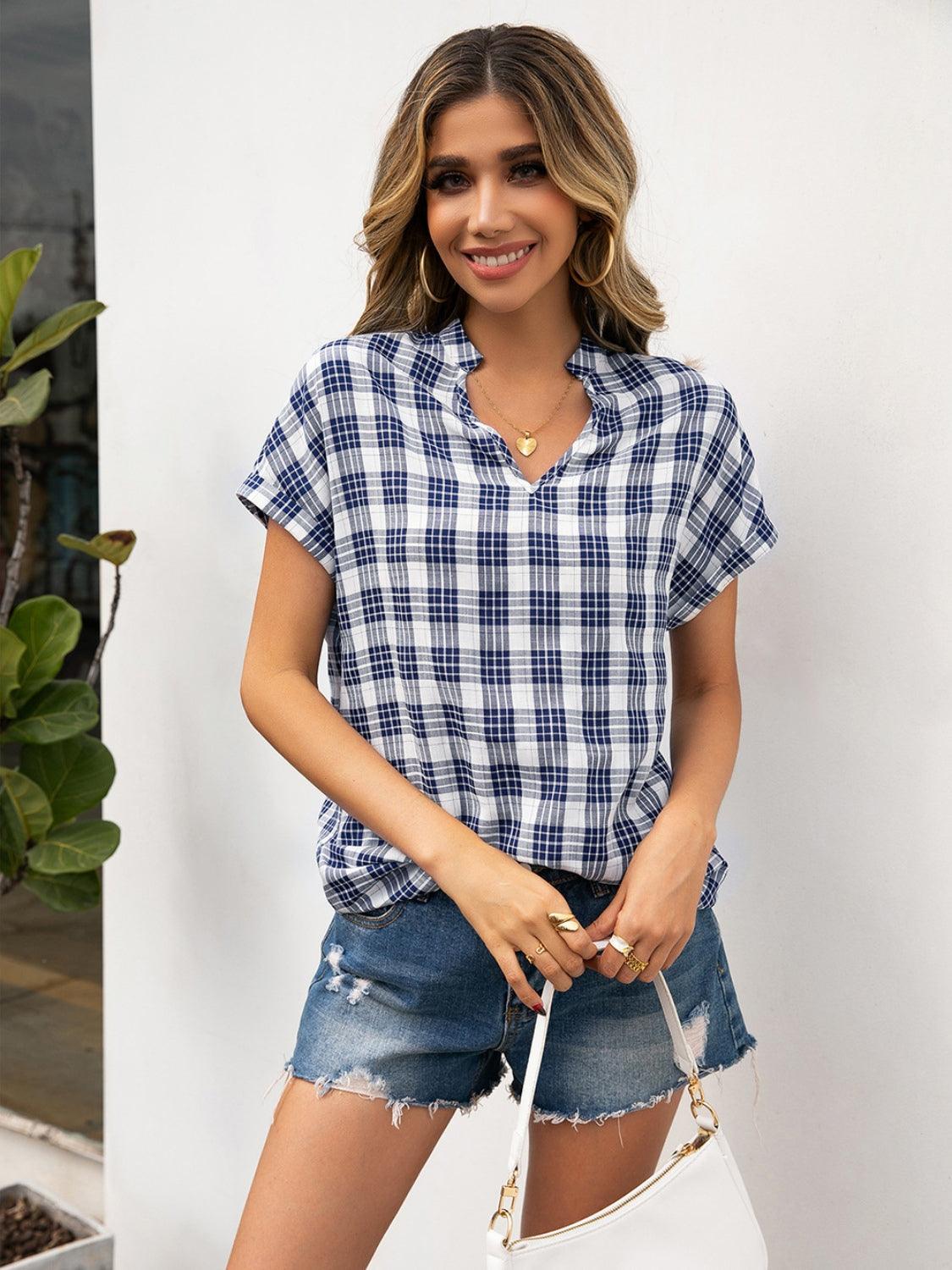 Plaid Notched Short Sleeve Blouse