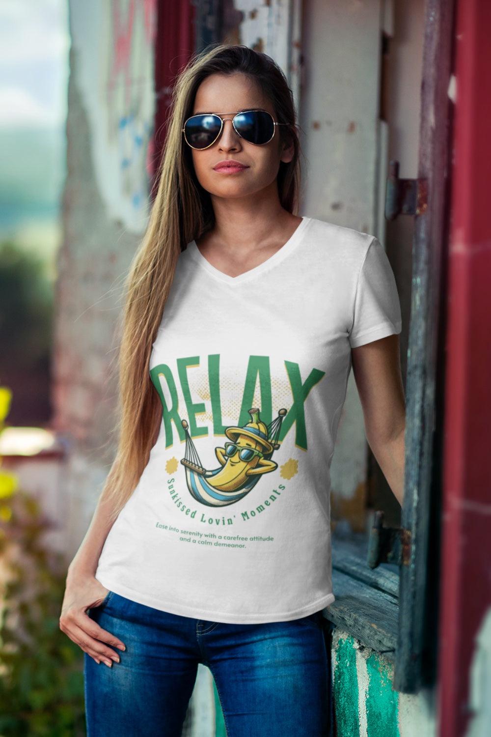 Trendmelo Women's Graphic V-Neck Summer T-Shirt - Relax Sunkissed Lovin' Moments | 100% Cotton, Semi-Fitted