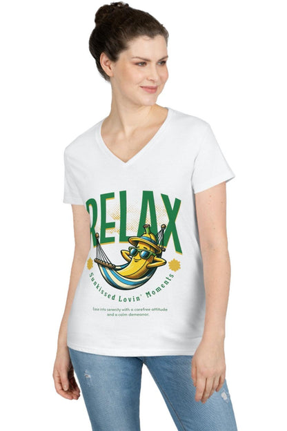 Trendmelo Women's Graphic V-Neck Summer T-Shirt - Relax Sunkissed Lovin' Moments | 100% Cotton, Semi-Fitted