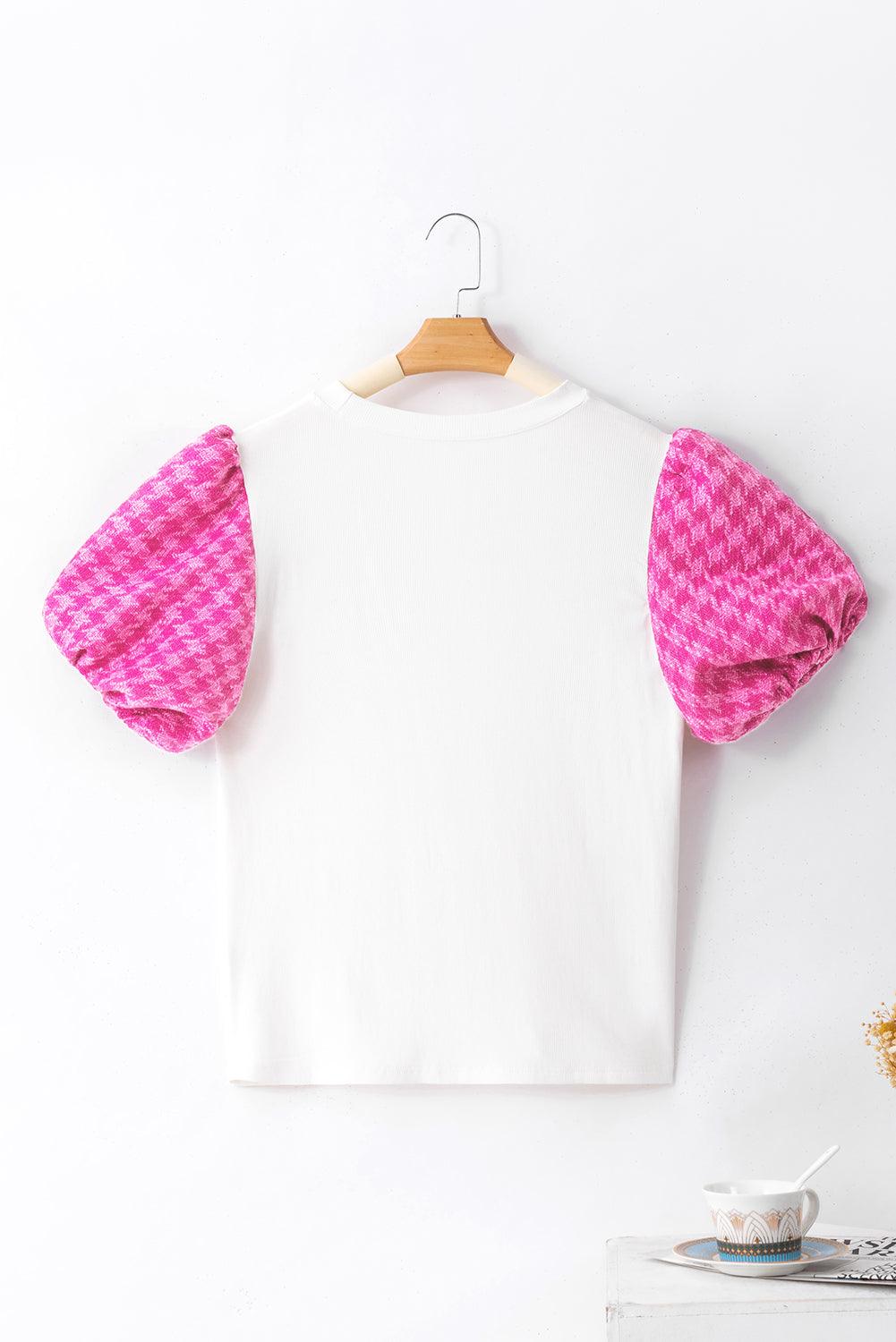 Houndstooth Round Neck Short Sleeve Blouse