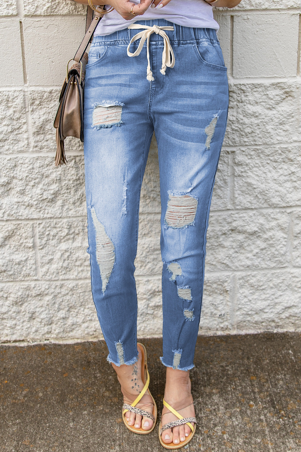 Drawstring Distressed Raw Hem Jeans with Pockets - TRENDMELO