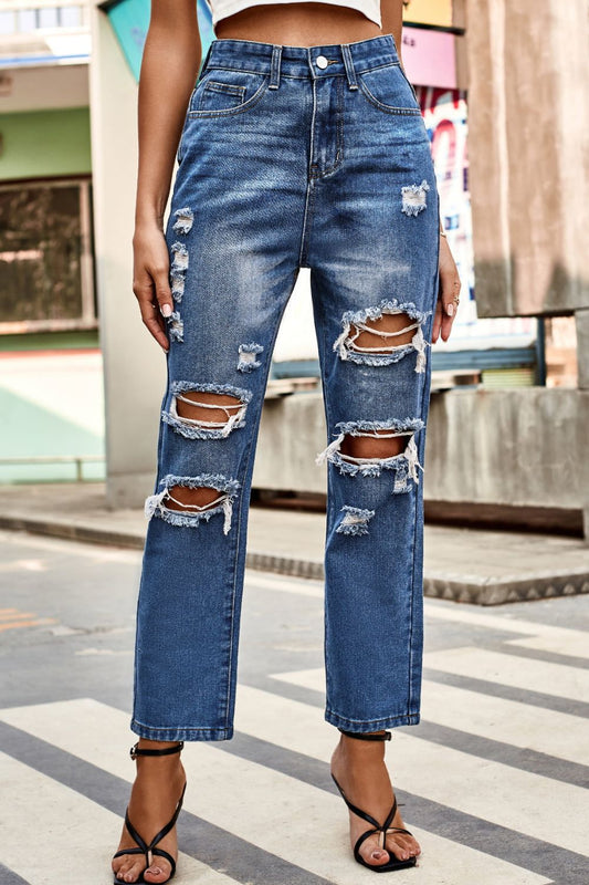 Distressed High Waist Straight Jeans - TRENDMELO