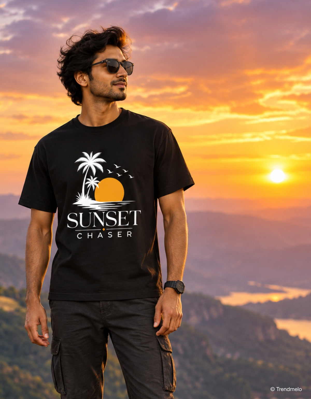 A man stands on a rock at sunset wearing a black graphic T-shirt with a palm tree, sun, and the words 'SUNSET CHASER,' paired with denim shorts and holding sunglasses.
