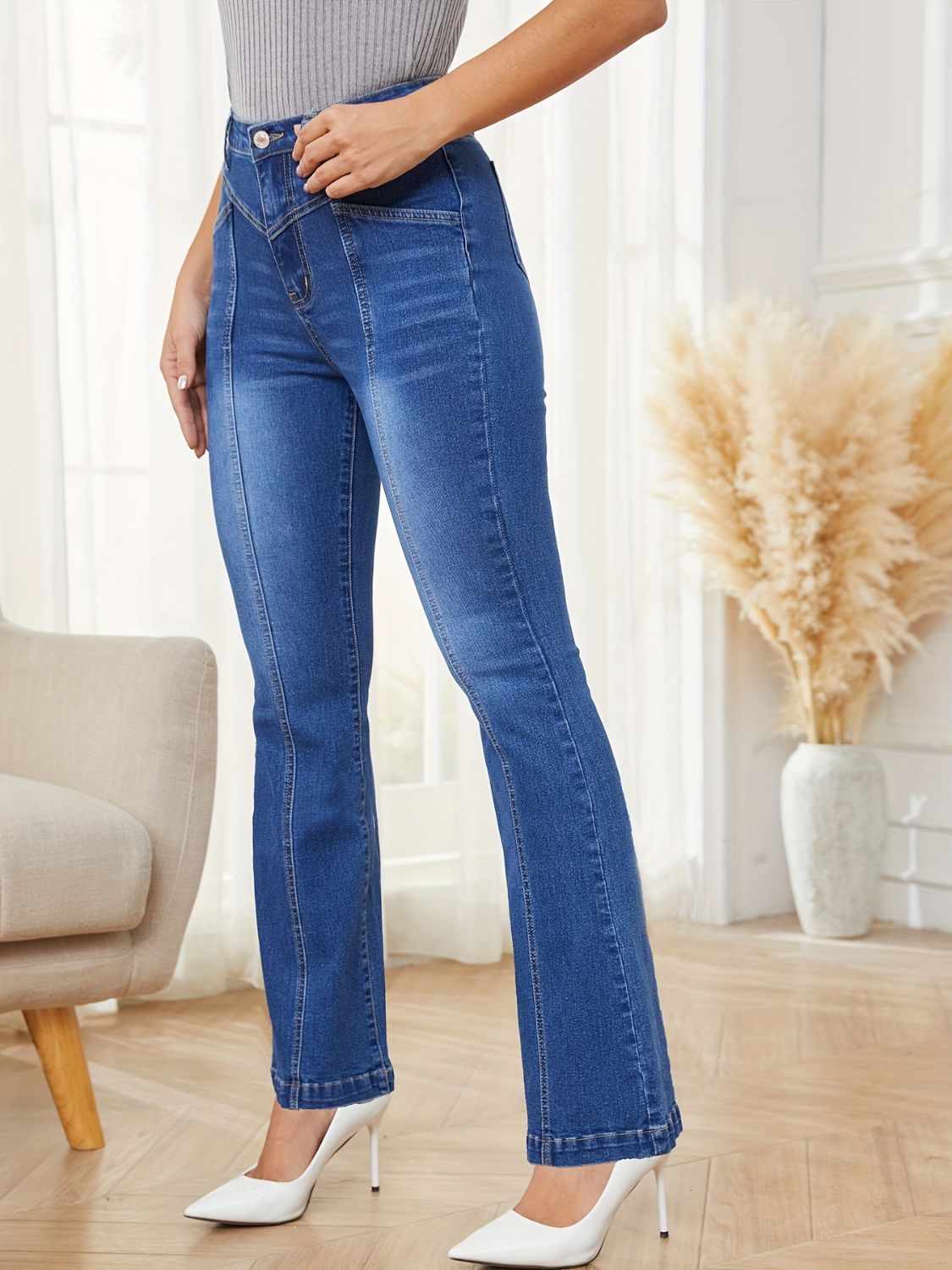 High Waist Bootcut Jeans with Pockets - TRENDMELO