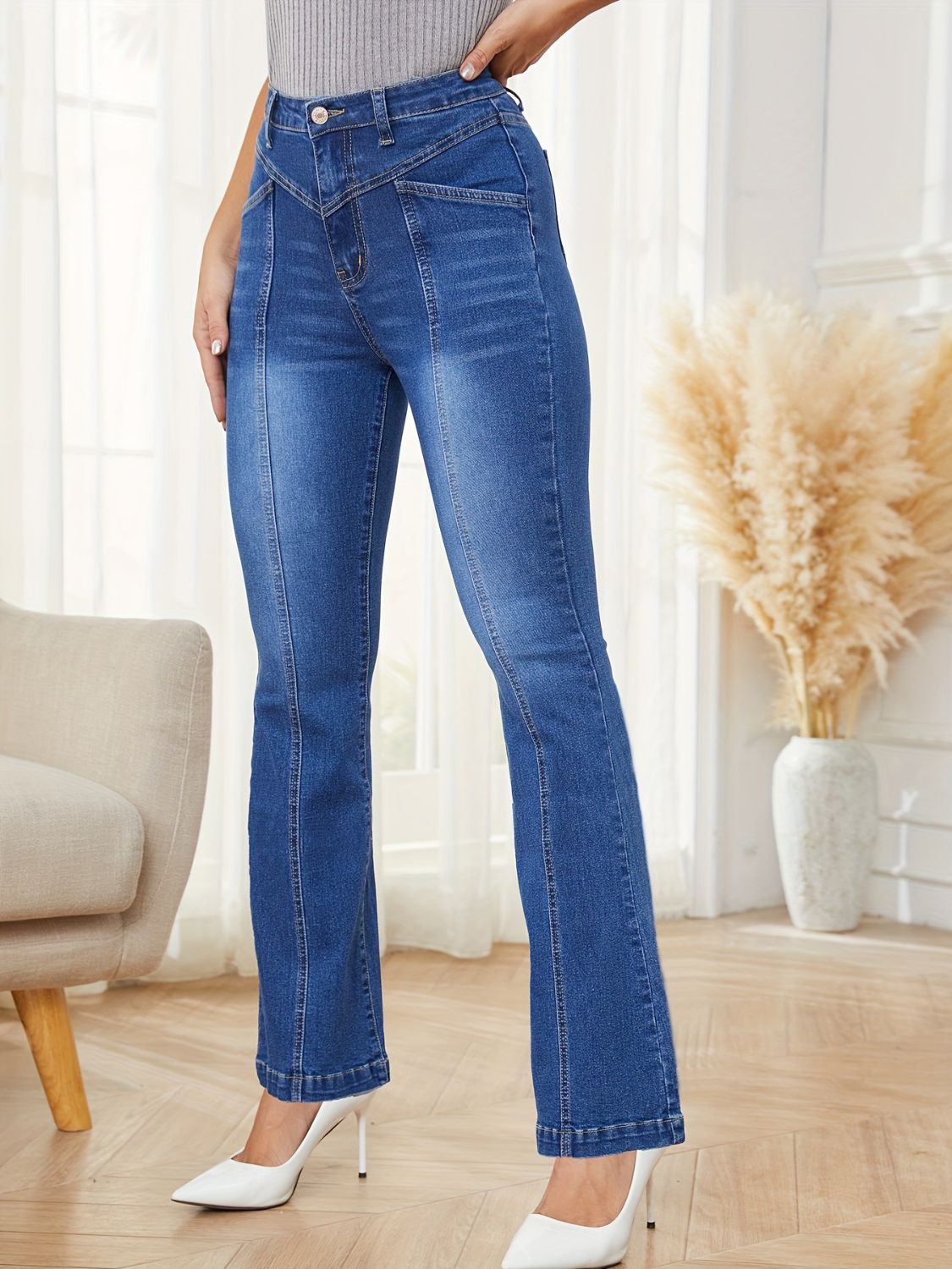 High Waist Bootcut Jeans with Pockets - TRENDMELO