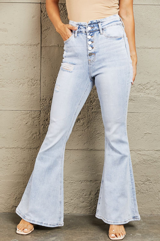 BAYEAS High Waisted Button Fly Flare Jeans - TRENDMELO