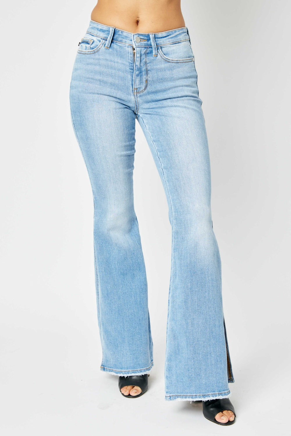 Judy Blue Full Size Mid Rise Raw Hem Slit Flare Jeans - TRENDMELO