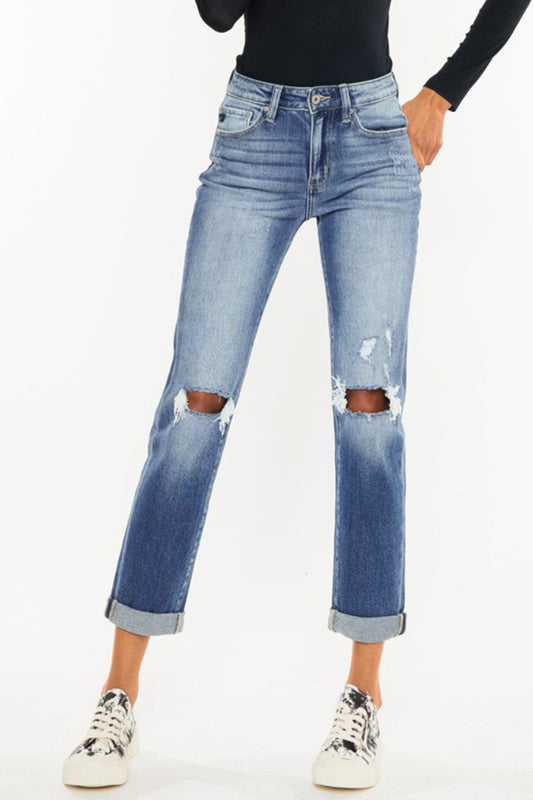 Kancan High Waist Distressed Hem Detail Cropped Straight Jeans - TRENDMELO