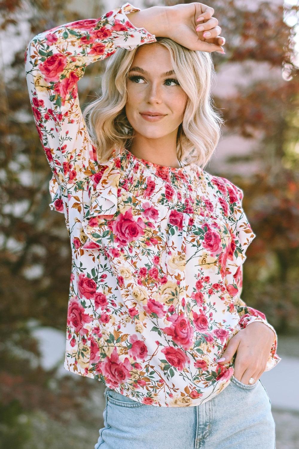 Floral Round Neck Smocked Blouse