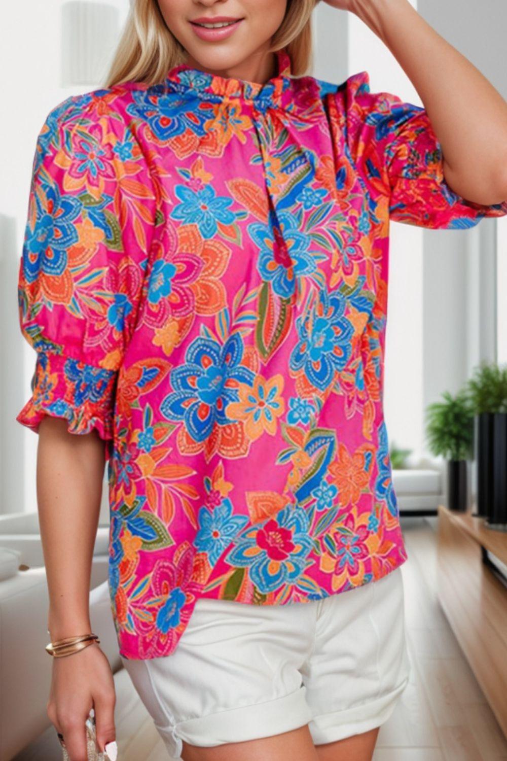 Printed Mock Neck Half Sleeve Blouse