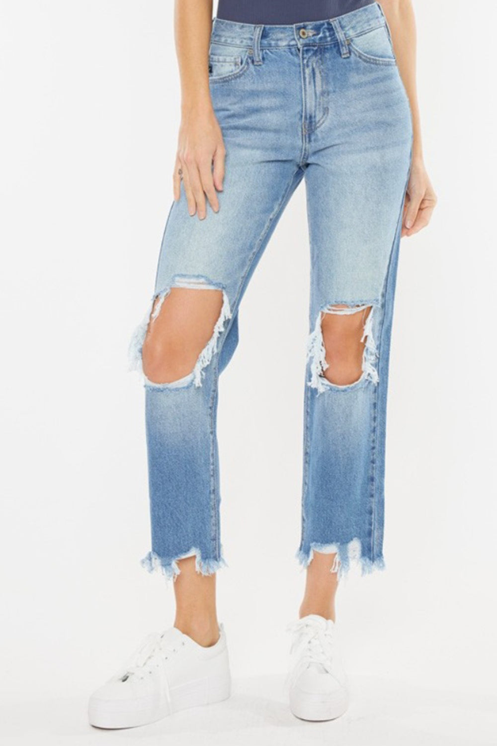 Kancan High Waist Chewed Up Straight Mom Jeans - TRENDMELO