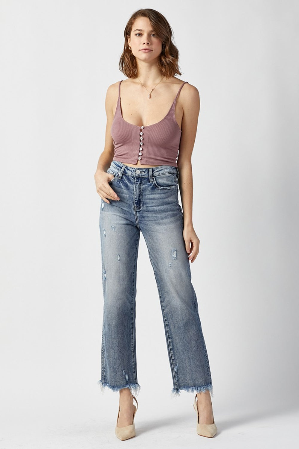 RISEN High Waist Raw Hem Straight Jeans - TRENDMELO