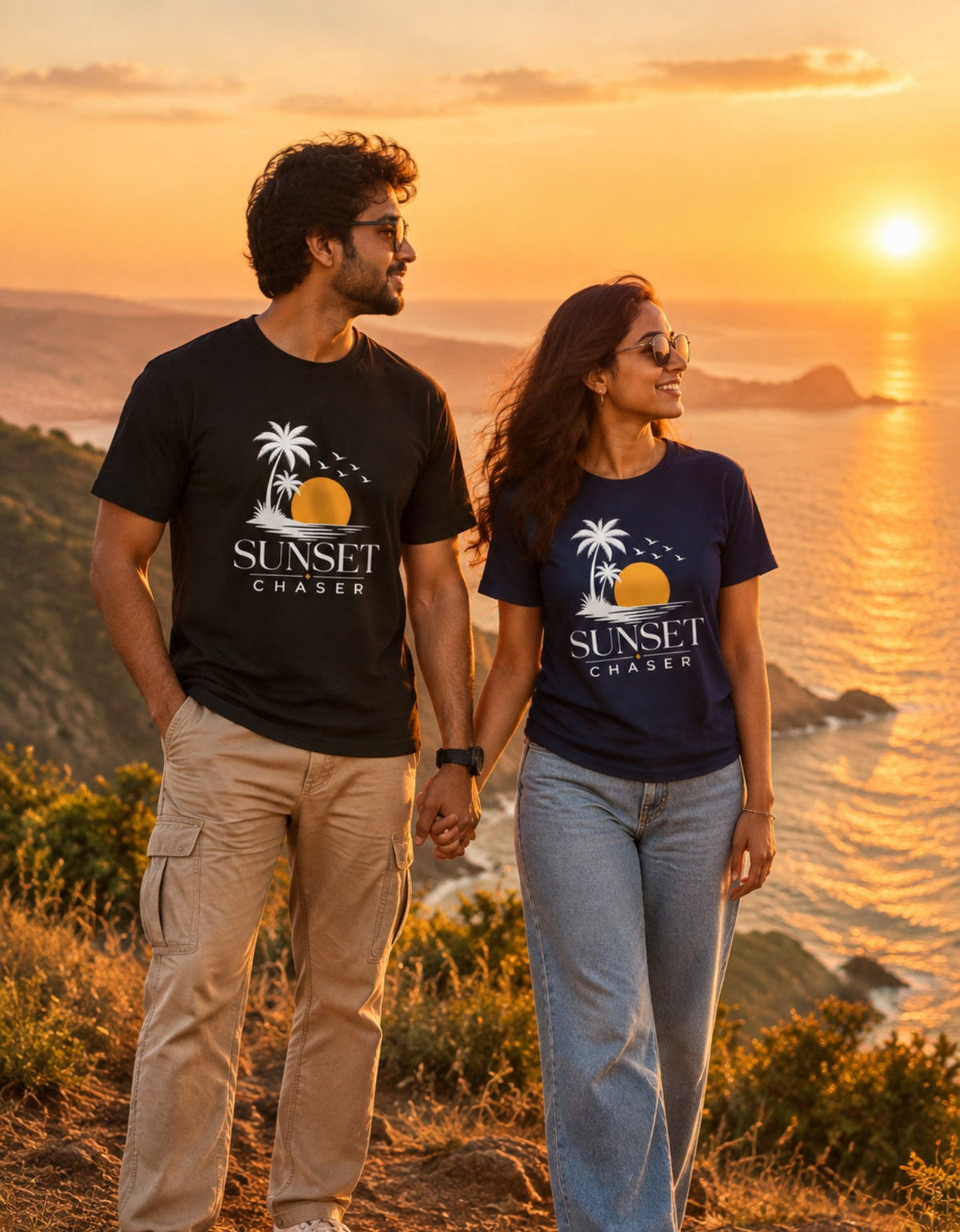 A man and a woman standing on a cliffside overlooking the ocean at sunset, both wearing matching graphic T-shirts with the text 'SUNSET CHASER' and a palm tree and sun design.