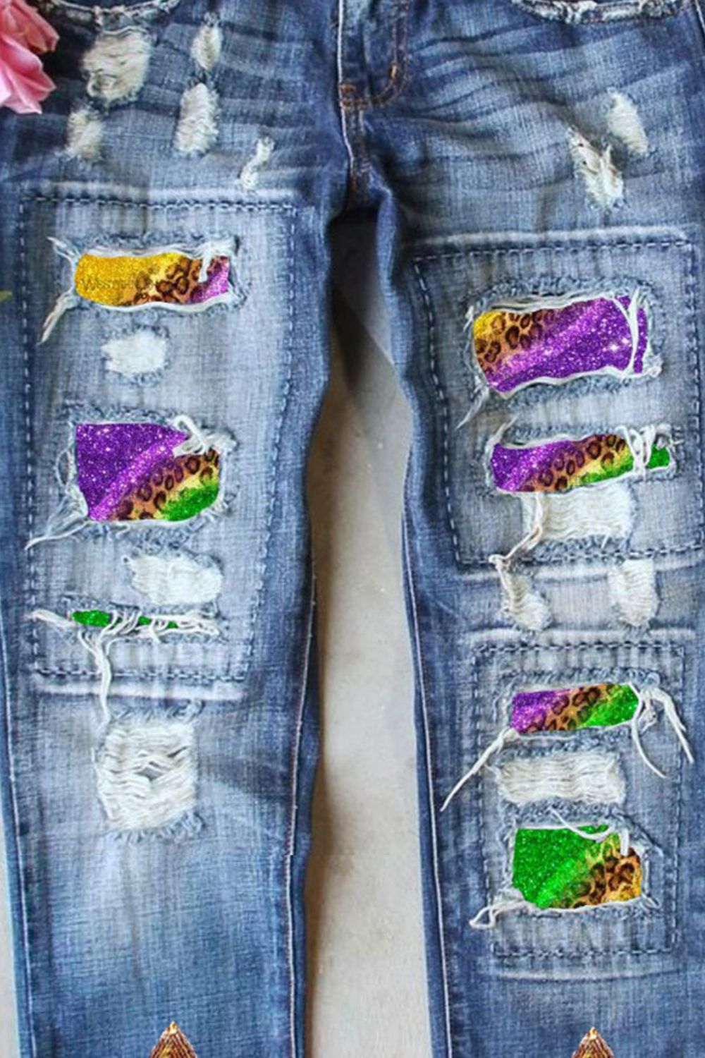 Mardi Gras Sequin Distressed Straight Jeans - TRENDMELO