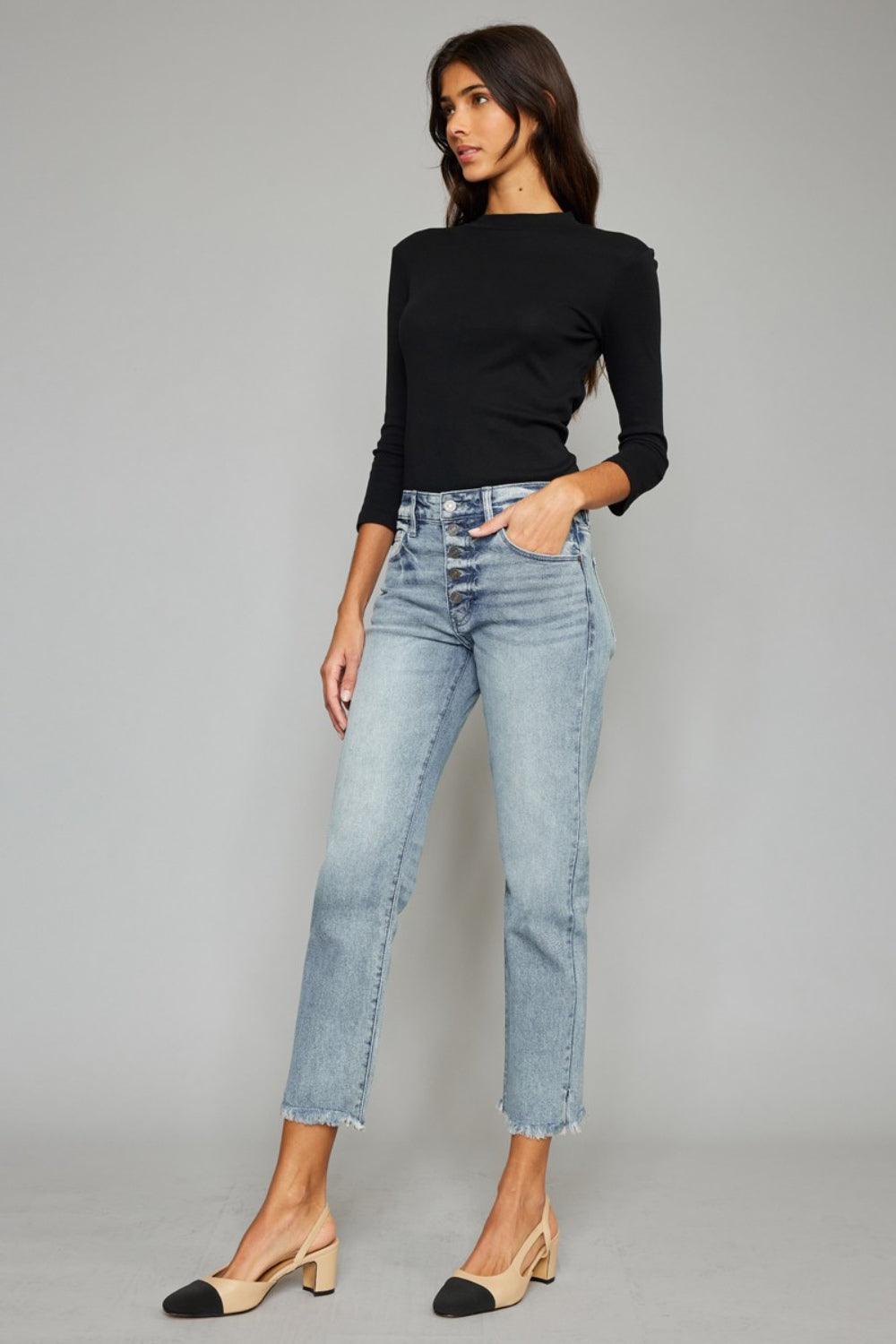 Kancan High Waist Button Fly Raw Hem Cropped Straight Jeans - TRENDMELO