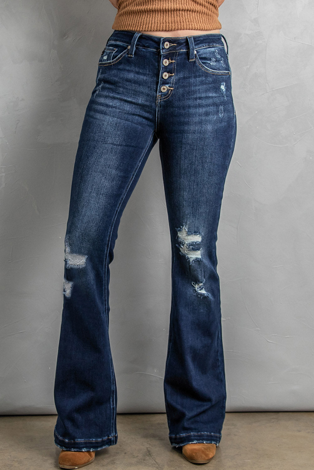 Button Fly Distressed Bootcut Jeans - TRENDMELO