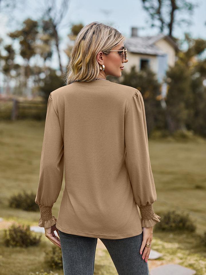 Notched Neck Flounce Sleeve Blouse