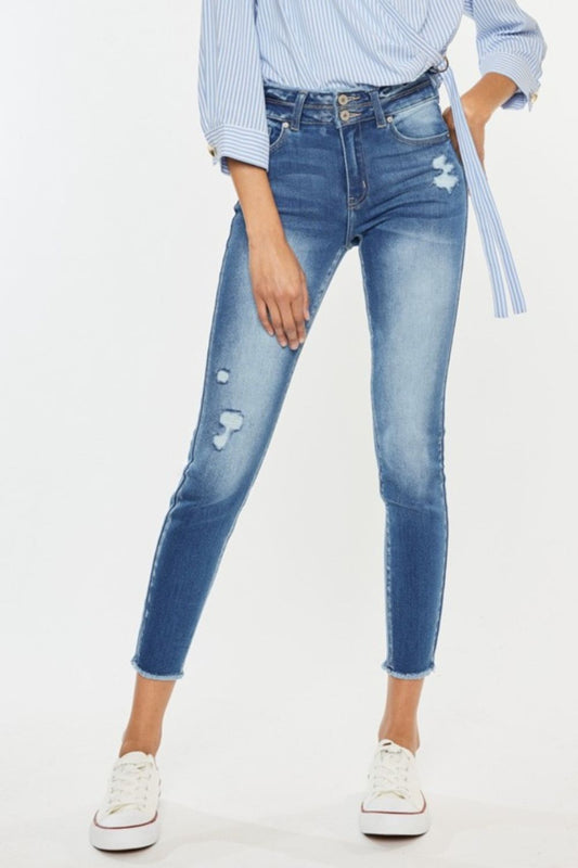 Kancan Distressed Raw Hem High Waist Jeans - TRENDMELO