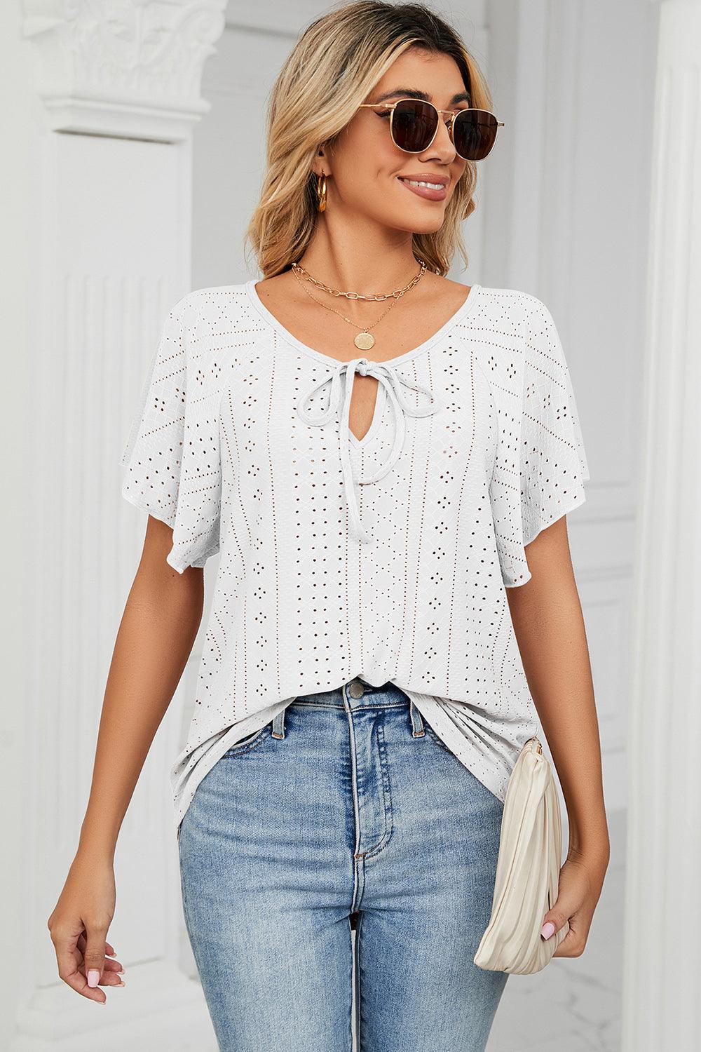 Eyelet Tie Neck Flutter Sleeve Blouse