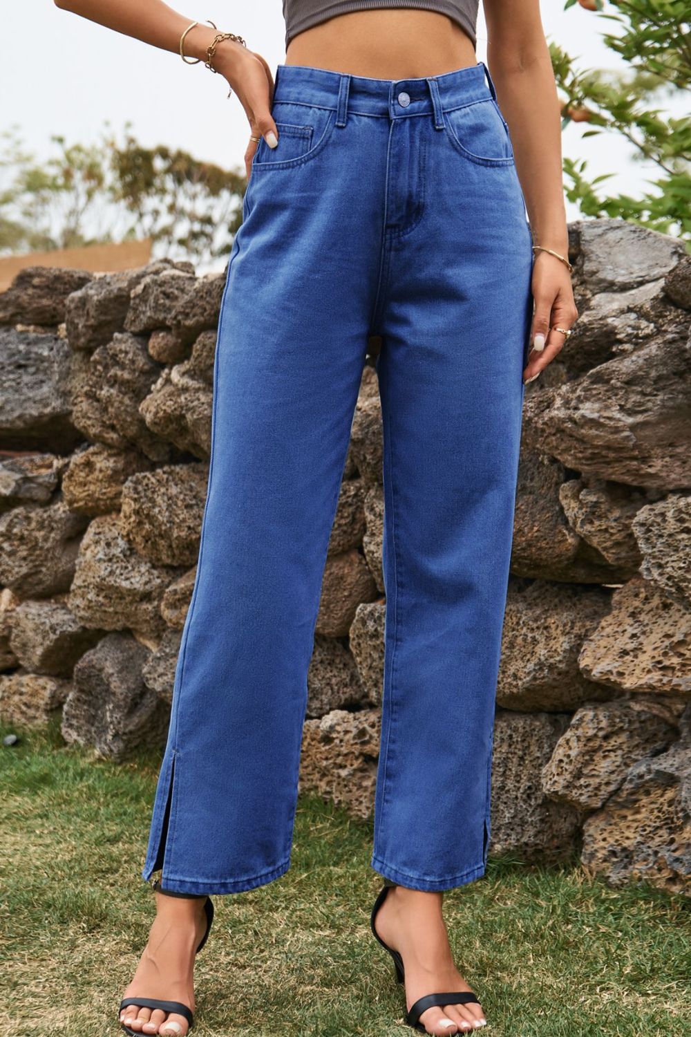 High Waist Loose Fit Ankle Slit Jeans - TRENDMELO