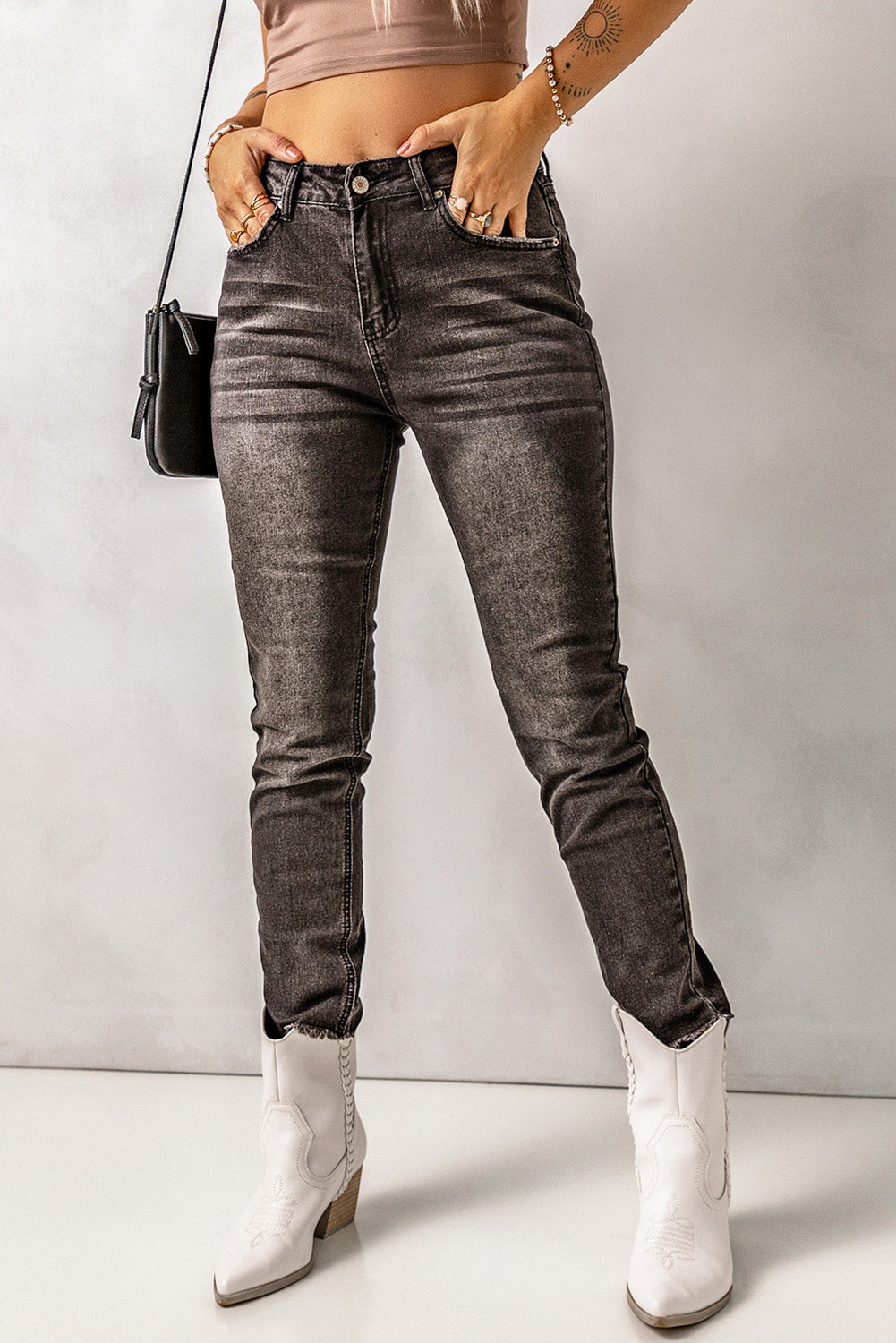 High Waist Raw Hem Skinny Jeans - TRENDMELO