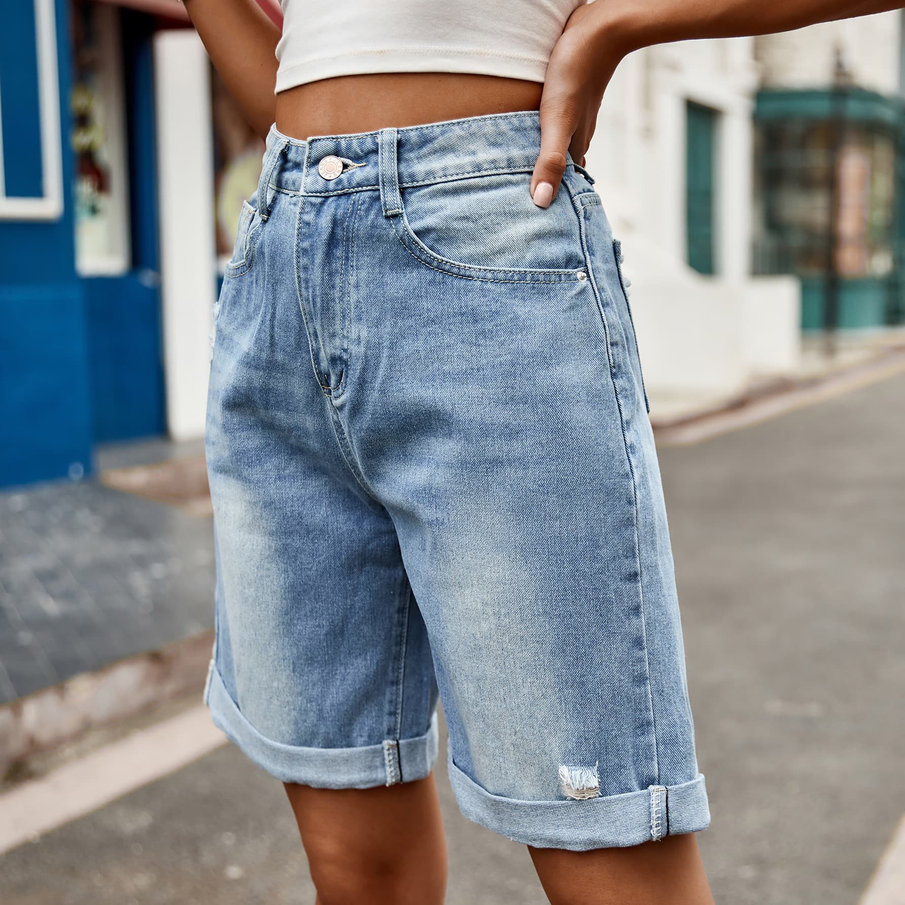 Distressed Buttoned Denim Shorts with Pockets - TRENDMELO