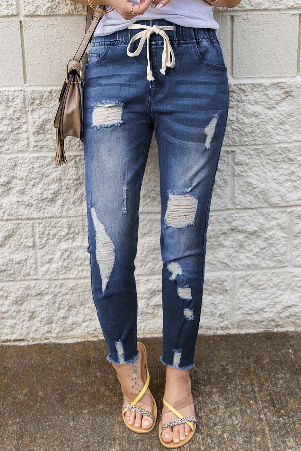 Drawstring Distressed Raw Hem Jeans with Pockets - TRENDMELO