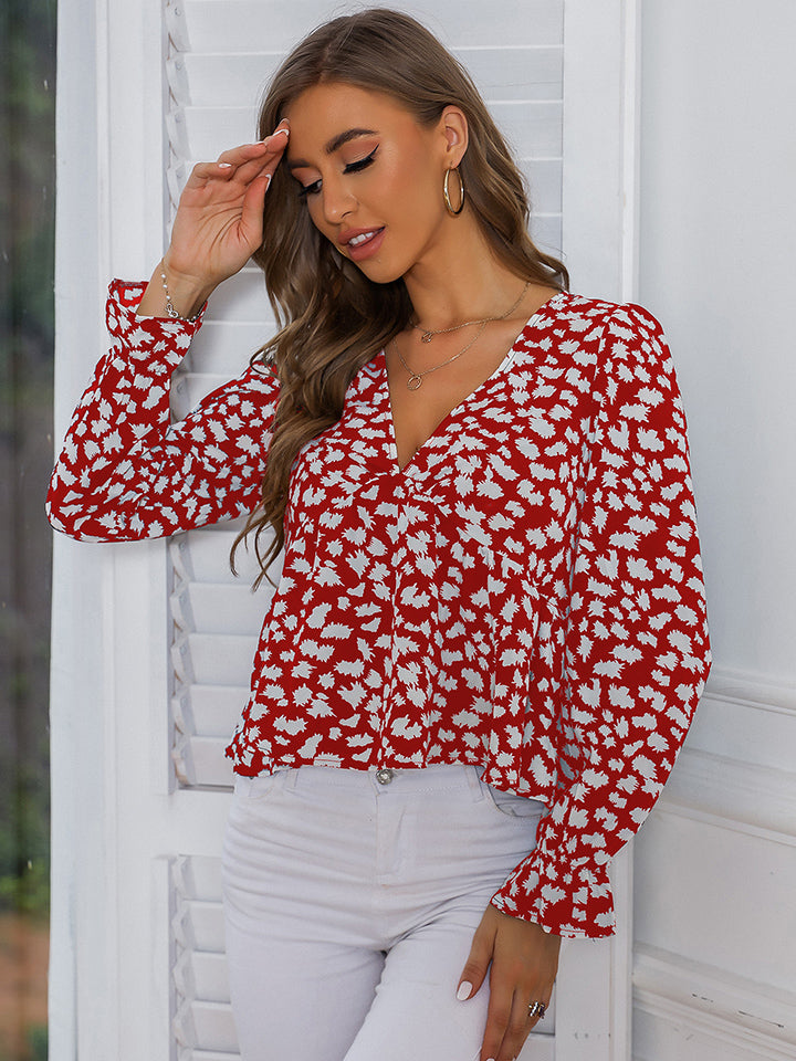 Printed V-Neck Flounce Sleeve Blouse