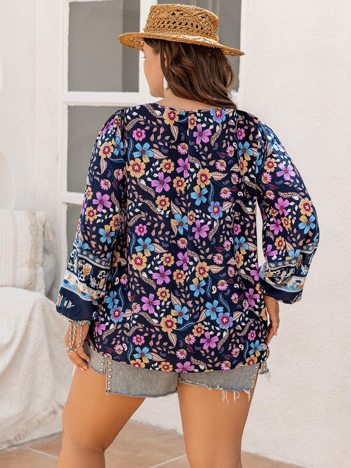 Plus Size Tie Neck Tassel Printed Blouse