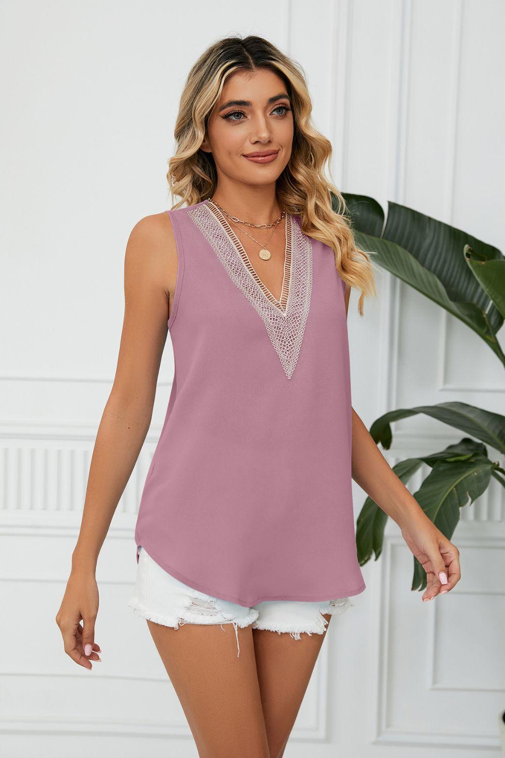 Contrast Trim Plunge Sleeveless Blouse