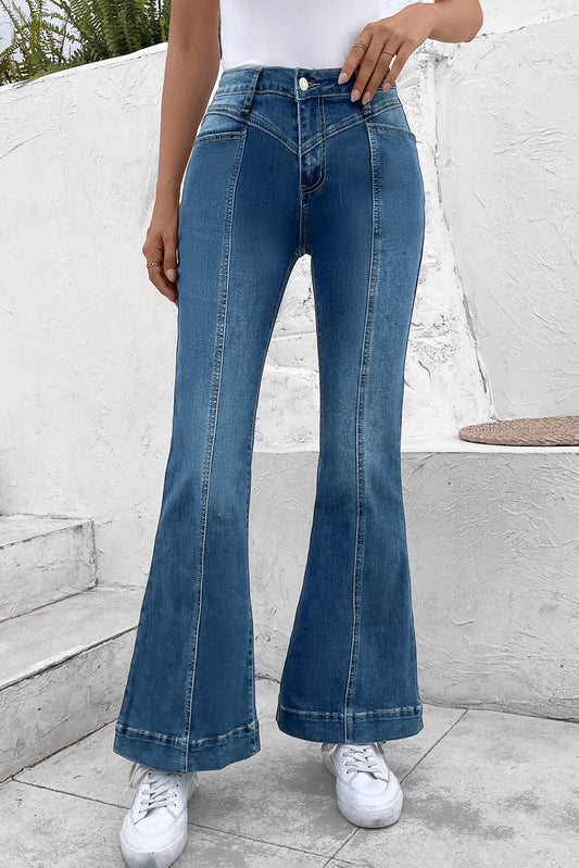 Pocketed Buttoned Flare Jeans - TRENDMELO