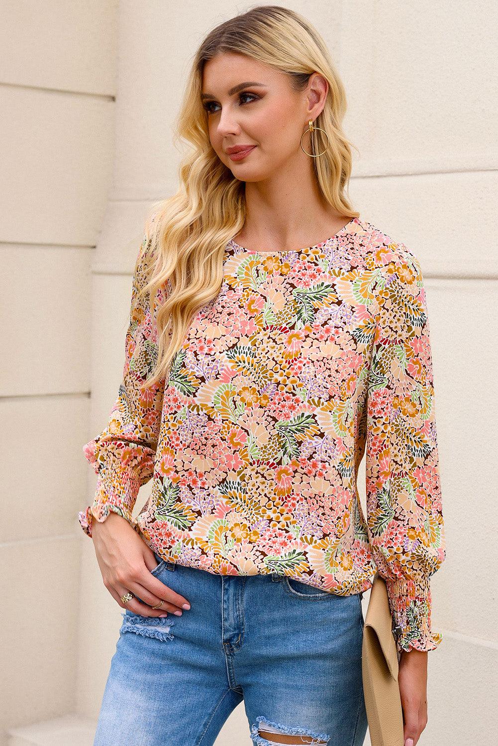 Floral Print Long Puff Sleeve Blouse