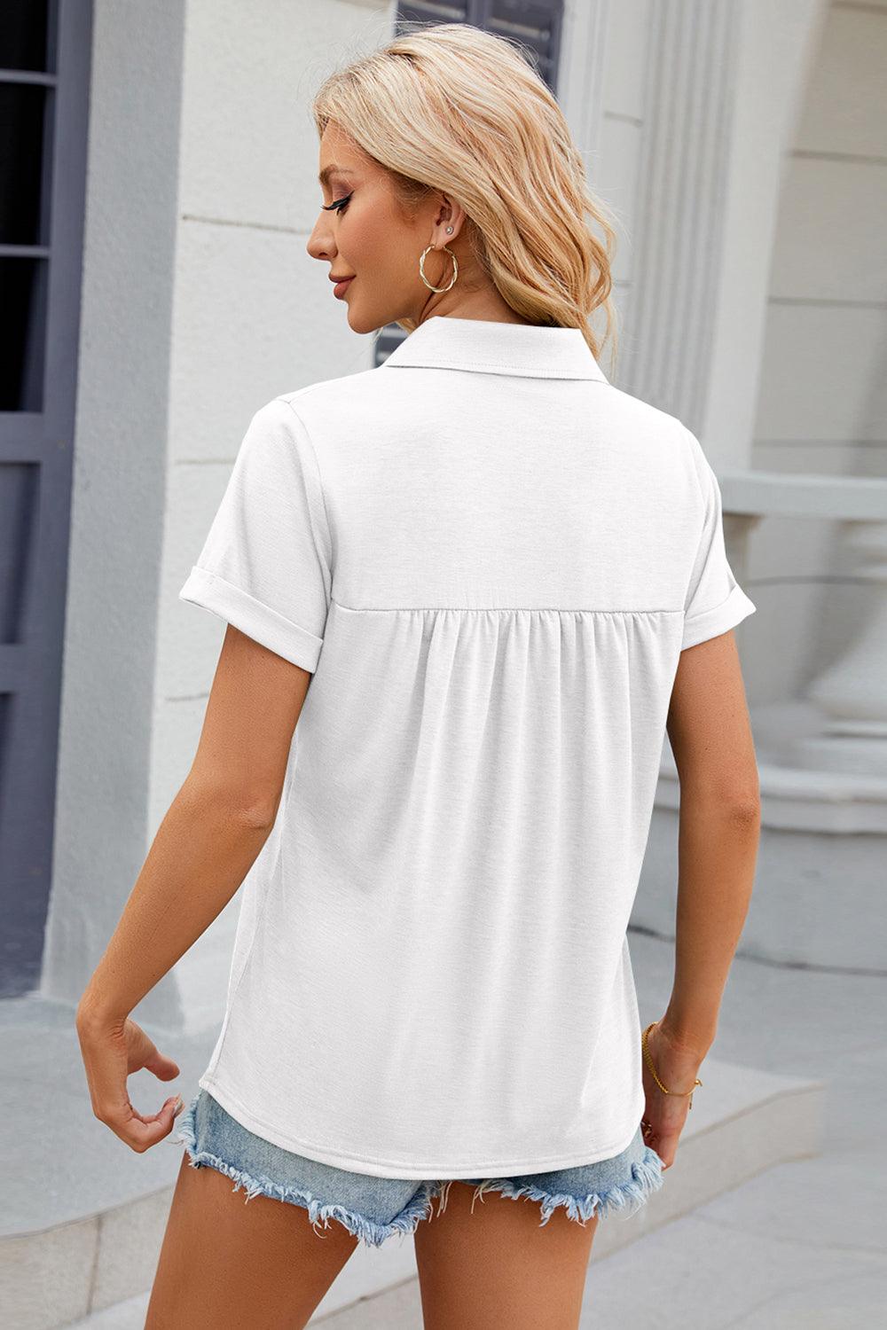 Ruched Johnny Collar Short Sleeve Blouse