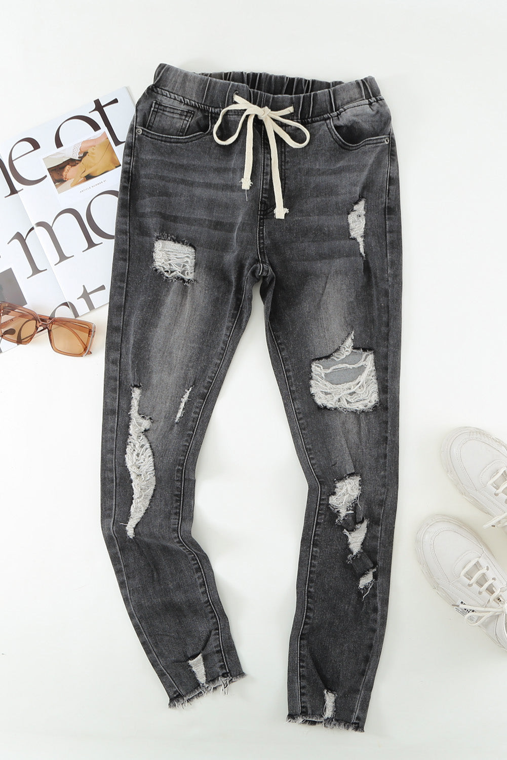 Drawstring Distressed Raw Hem Jeans with Pockets - TRENDMELO