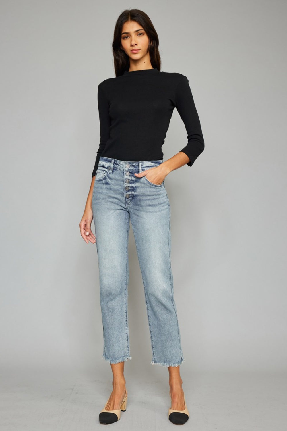 Kancan High Waist Button Fly Raw Hem Cropped Straight Jeans - TRENDMELO