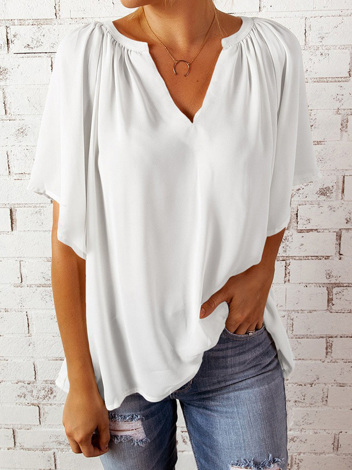 Ruched Notched Half Sleeve Blouse