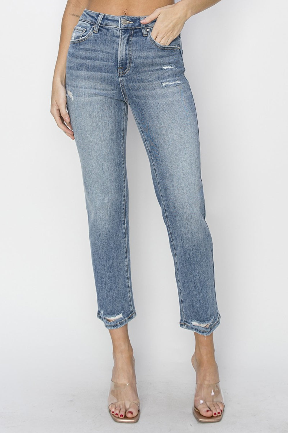 RISEN Full Size High Waist Distressed Cropped Jeans - TRENDMELO