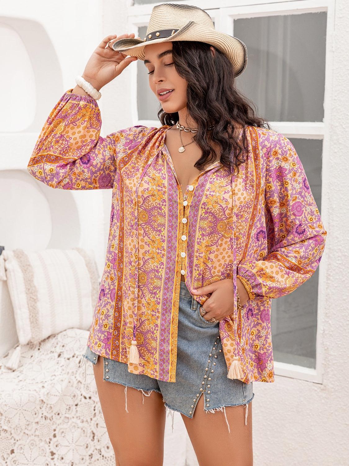 Plus Size Tie Neck Tassel Printed Blouse