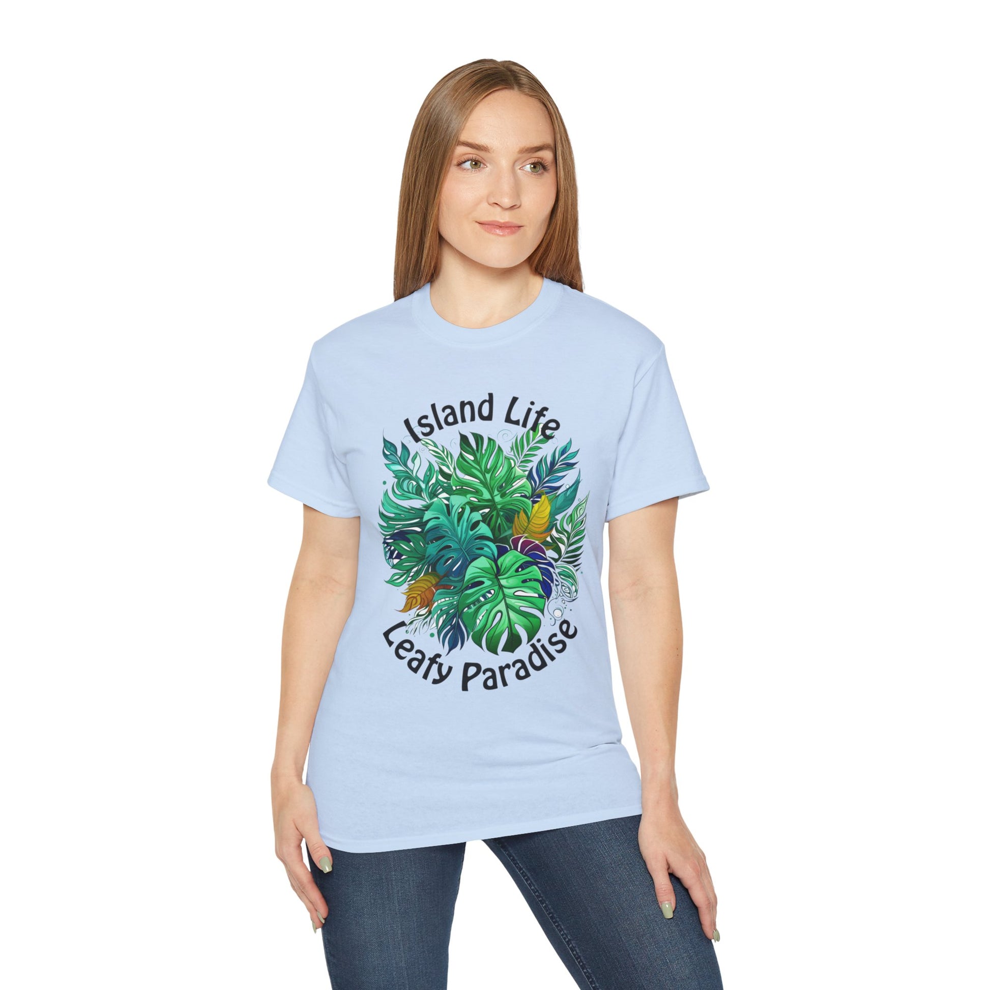 Island Life Leafy Paradise Tropical Leaf T-Shirt in Vibrant Green by Trendmelo, Unisex Ultra Cotton Tee - TRENDMELO