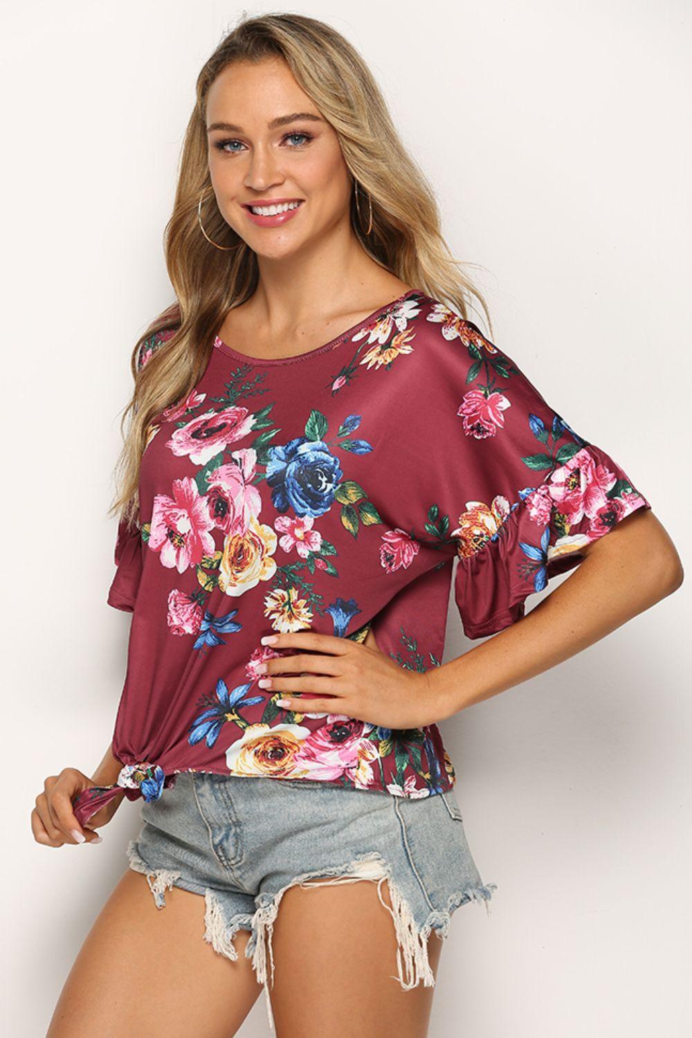 Floral Tie Hem Flounce Sleeve Top