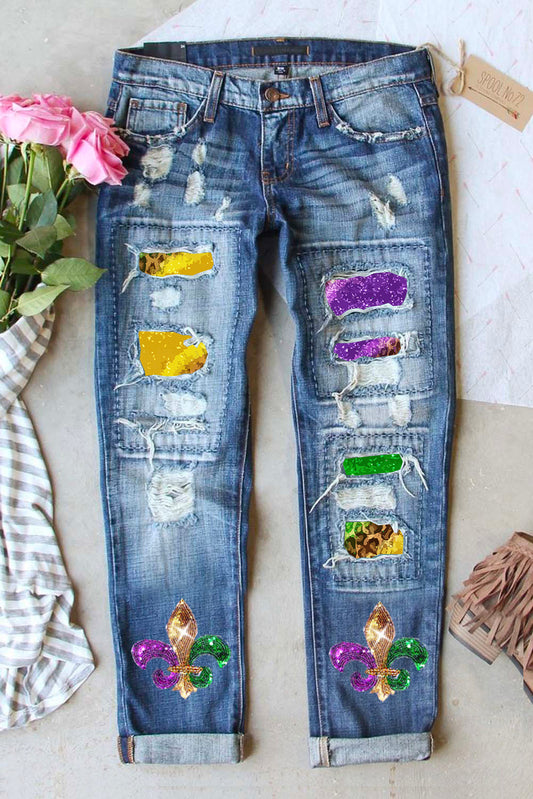 Mardi Gras Sequin Distressed Straight Jeans - TRENDMELO